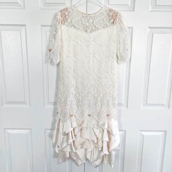 Carol Peretz I. Magnin Vintage Ivory Midi Length Lace Dress Ruffled Satin Hem - Picture 1 of 11